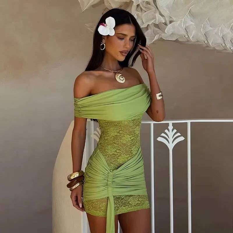 Townlike Pleated Slim Bodycon Dress Women Off Shoulder Mini 2025 Summer Dress Lace Patchwork Nightclub Sexy Party Dresses