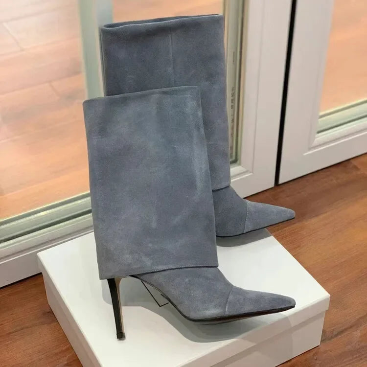 European and American Style High-heeled Wide Tube Sleeve Skirt Boots for Women, Niche Stone Patterned Fashion Banquet Shoes