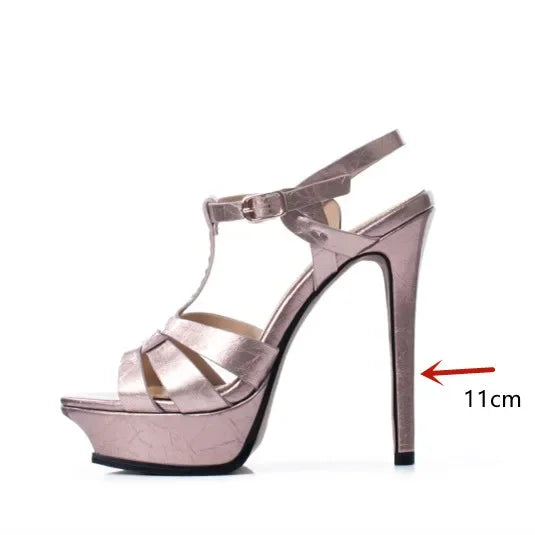 Women's Summer European and American Fashion Stiletto Waterproof Platform Leather Open Toe Round Head Buckle Sandals