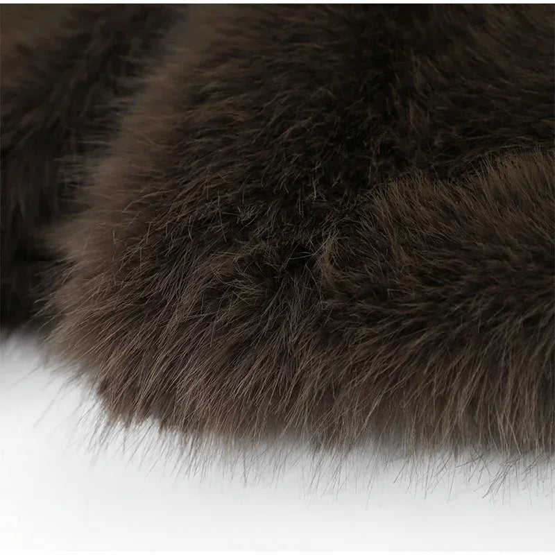 Lady Faux Fur Short Coat Women Lapel Hidden Button Full Sleeve Loose Warm Outwear 2025 New Winter Office Commute Overcoat New