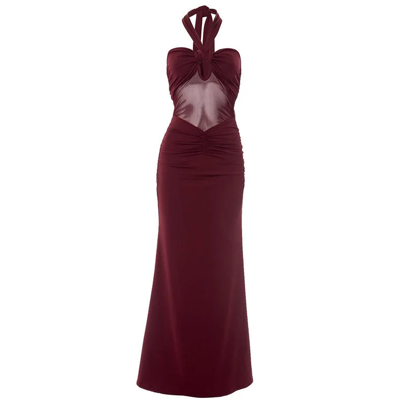 Mozision Hollow Out Halter Sexy Maxi Dress Women Gown Summer New See Through Mesh Sleeveless Backless Bodycon Club Long Dress