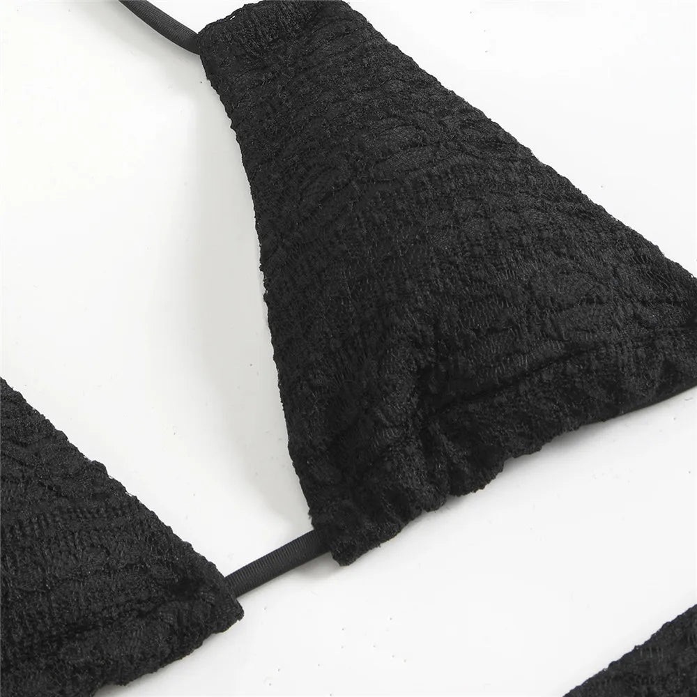 Beige Flower Mesh String Halter Bikinis Sets 4 Piece Sexy Swimsuit Women Long Sleeve Cover Up Swimwear Triangle Bikini Beachwear