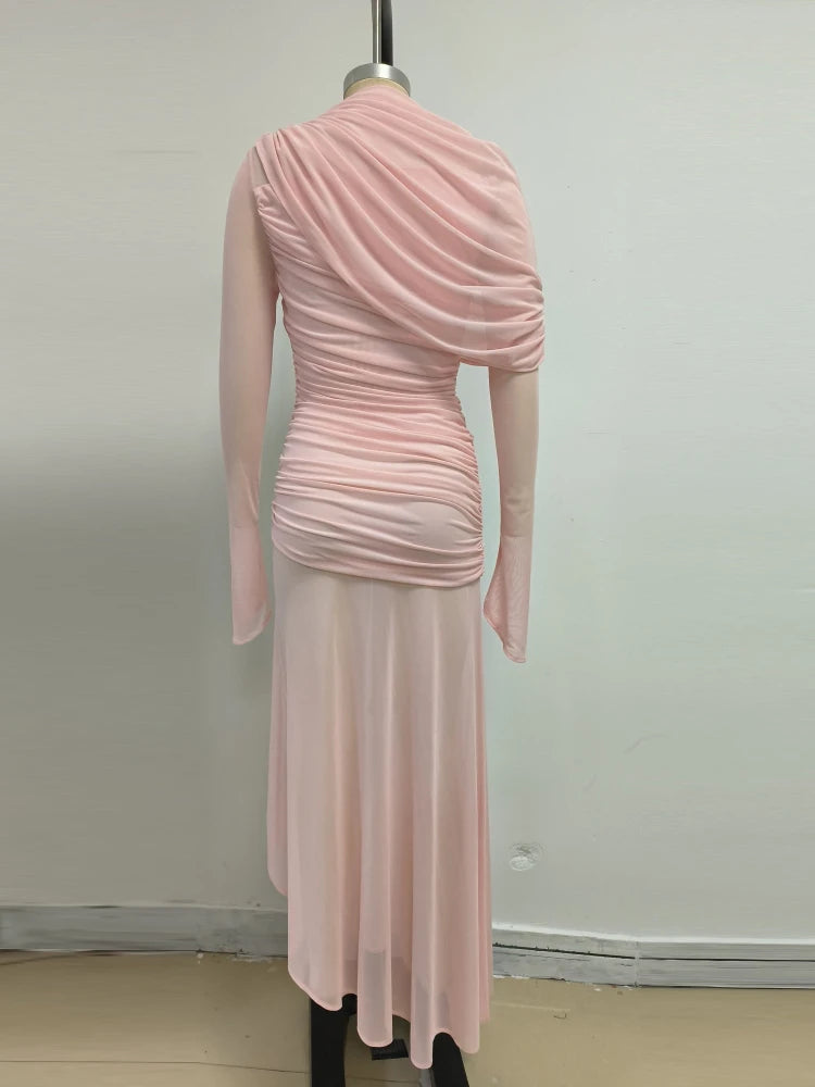 Sexy O Neck Mesh Patchwork Folds Long Dress Women Pink Long Sleeves Asymmetrical Folds Slim Dresses Evening Party Formal Gowns