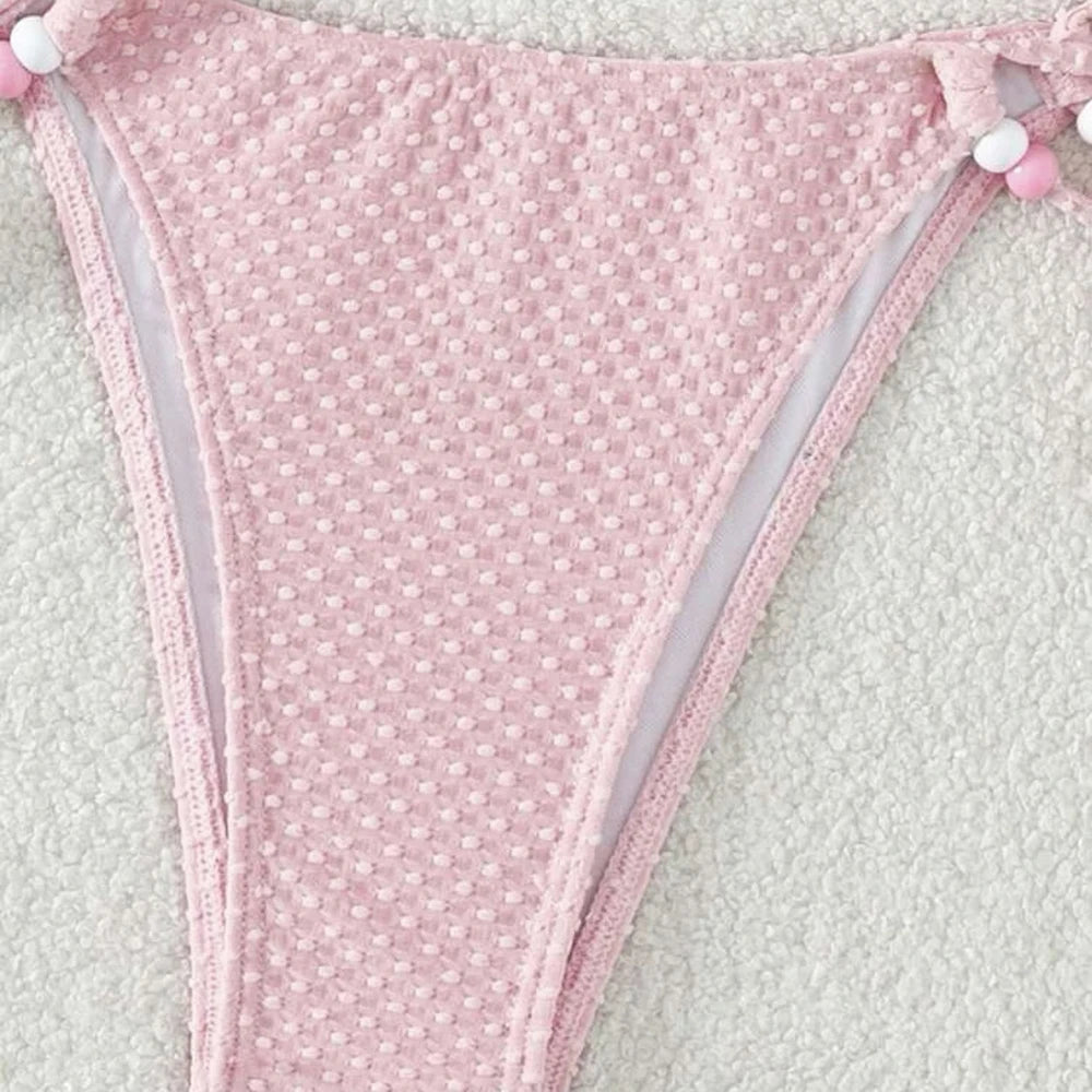 Sexy Pink Micro Thong Bikinis Sets Bead String Halter Swimwear Women Mini Swimsuit Bathing Suit Lace-up Biquinis Triangle Bikini
