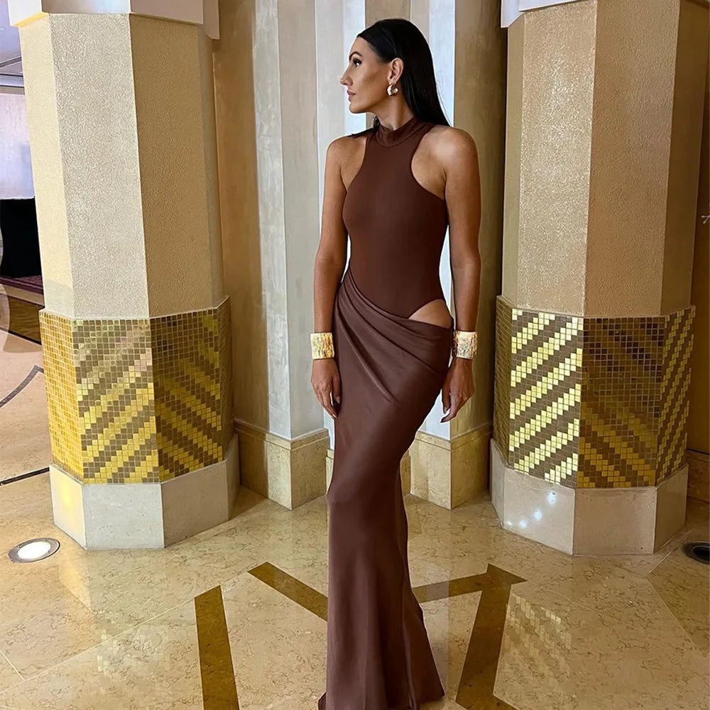 Mozision Women Sexy Party Club Evening Bodycon Sleeveless Long Dress Backless Soild Color Elegant Summer Dress