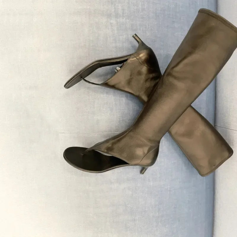 2023 Women's European and American Fashion Designer Brand Slim Heel Runway Shoes with Toe Clip and Knee Side Zipper High Boots