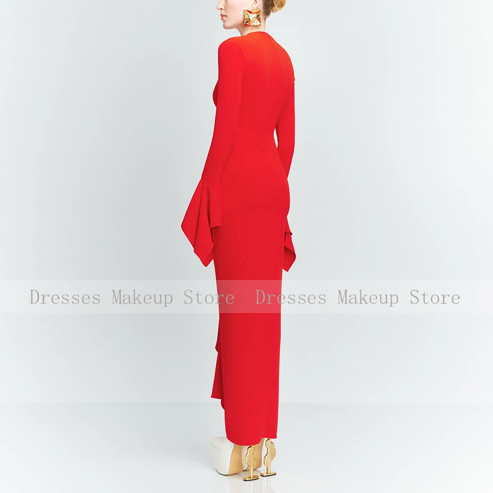 Pink Evening Dress Maxi O Neck Long Sleeves Ruffle Sheath Modest Evening Gowns for Women 2025 Column Formal Party Dresses