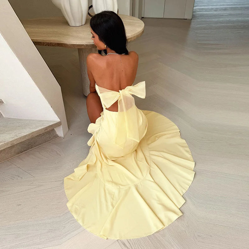 Mozision Off-shoulder Strapless Ruffled Sexy Maxi Dress Women Summer Fashion Backless Bow Thigh High Split Club Long Dress