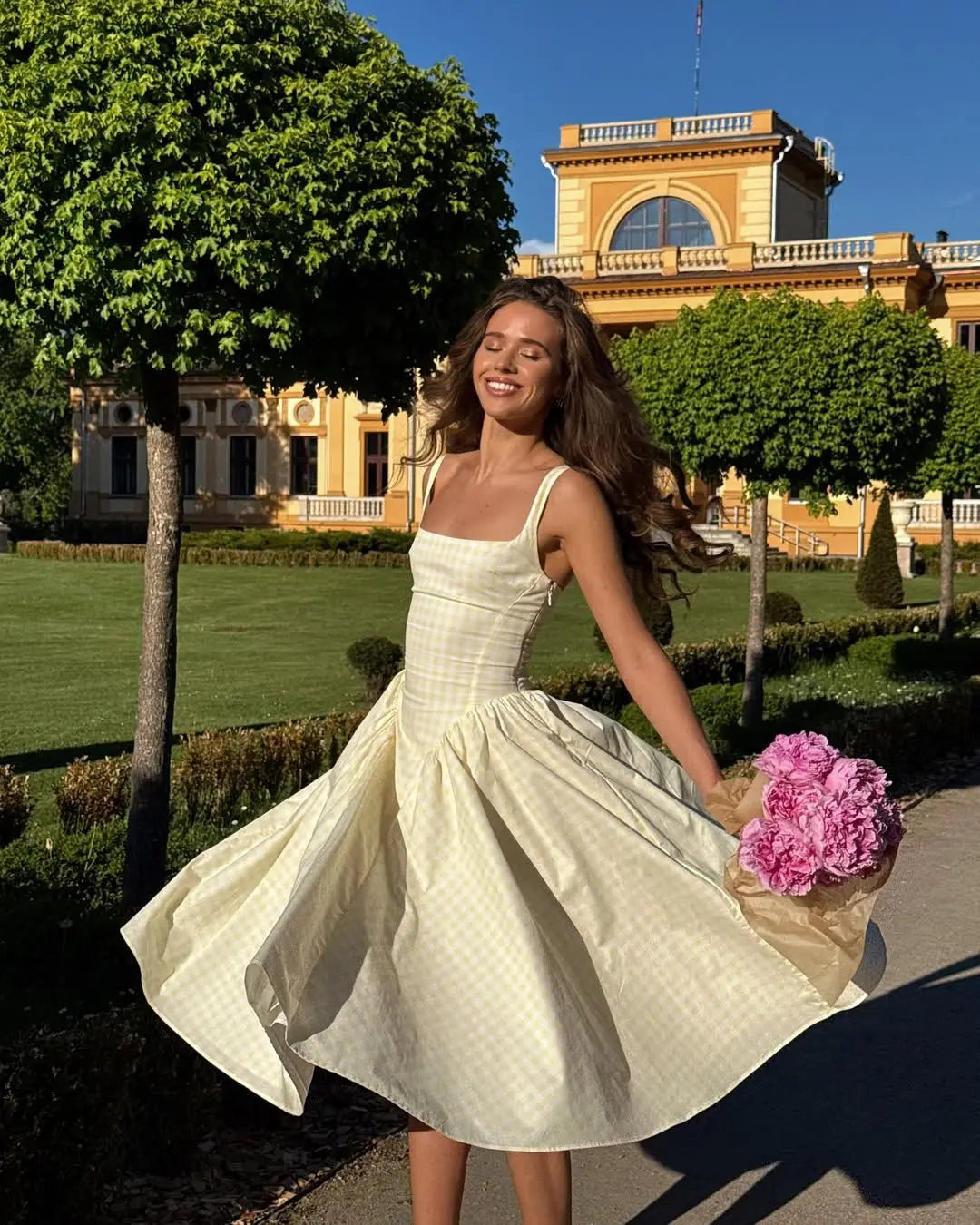 YENKYE Lace Up Bandage Plaid Sling Dress Women Elegant Square Neck Low Waist A-line Midi Summer Dresses Holiday Party Robe 2025