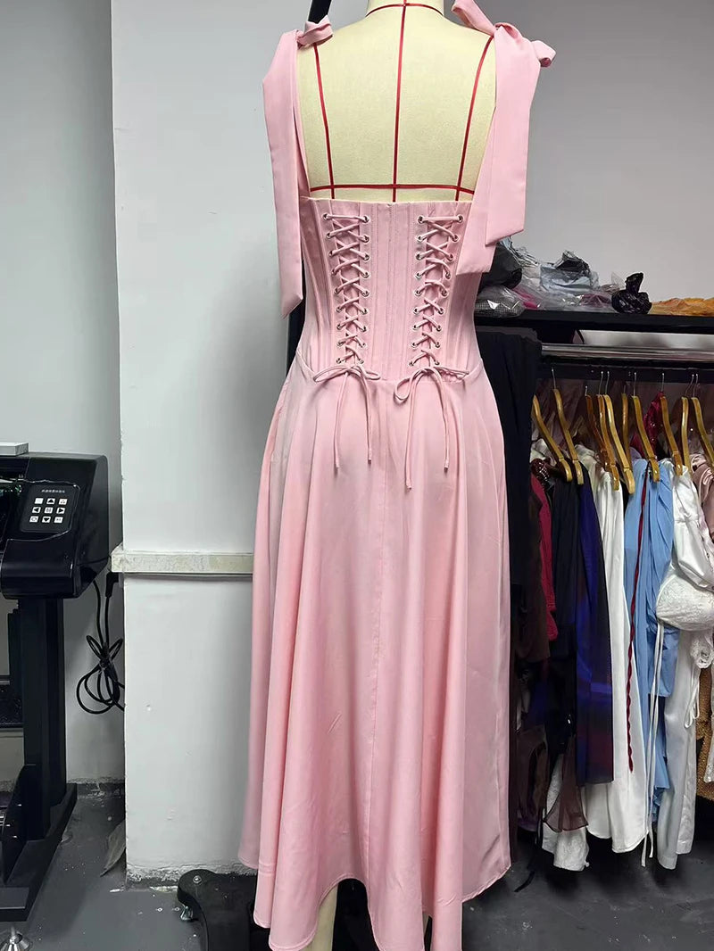 Mozision Pink Chiffon Tie Strap Sexy Midi Dress Women Pink Spaghetti Strap Sleeveless Backless Lace-up A-line Club Party Dress