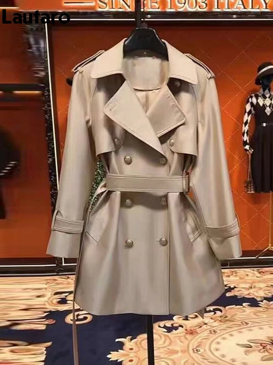 Lautaro Spring Autumn Khaki Satin Trench Coat for Women Belt Double Breasted Elegant High Quality Luxury Designer Clothing 2024 Wofashion.xyz