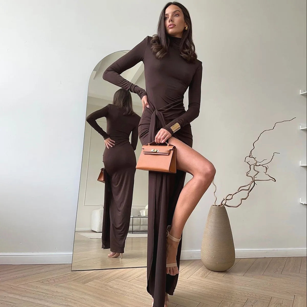 Tossy Fashion Pleated Bandage Long Dress For Women High Waist Slim Patchwork Long Sleeve Elegant Commute Women's Maxi Dress 2025