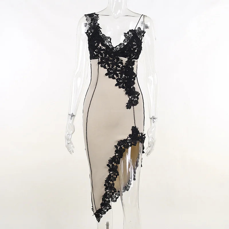 Mozision Lace High Split Sexy Midi Dress For Women Robe 2023 New Spaghetti Strap Sleeveless Deep V Neck Party Long Dress Vestido