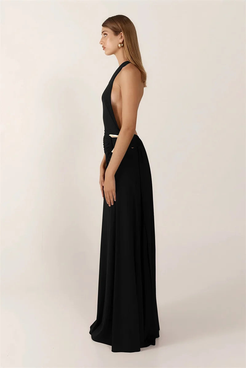 Mozision One Shoulder Backless Sexy Maxi Dress Women Gown Fashion Metal Buckle Diagonal Collar Sleeveless Draped Club Long Dress