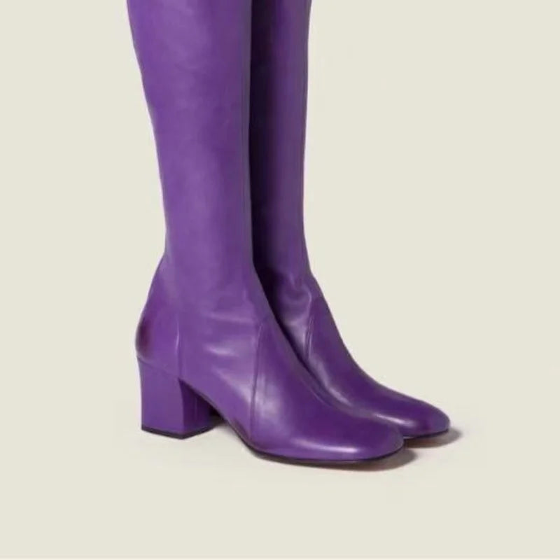 European and American Sexy Hot Girl Belt Buckle Thick High Heels Round Toe Back Zipper Knee Highboots Women's Retro Elasticshoes