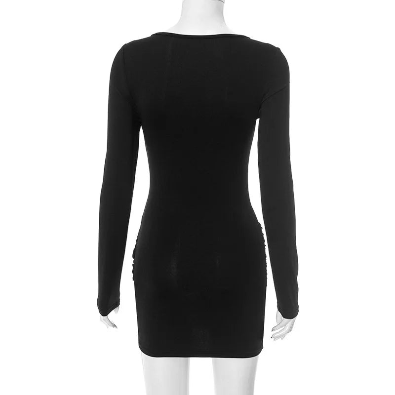 Mozision Metal Ring Long Sleeve Ruched Sexy Mini Dress Women Fashion Autumn New O Neck Draped Bodycon Club Dresses Female
