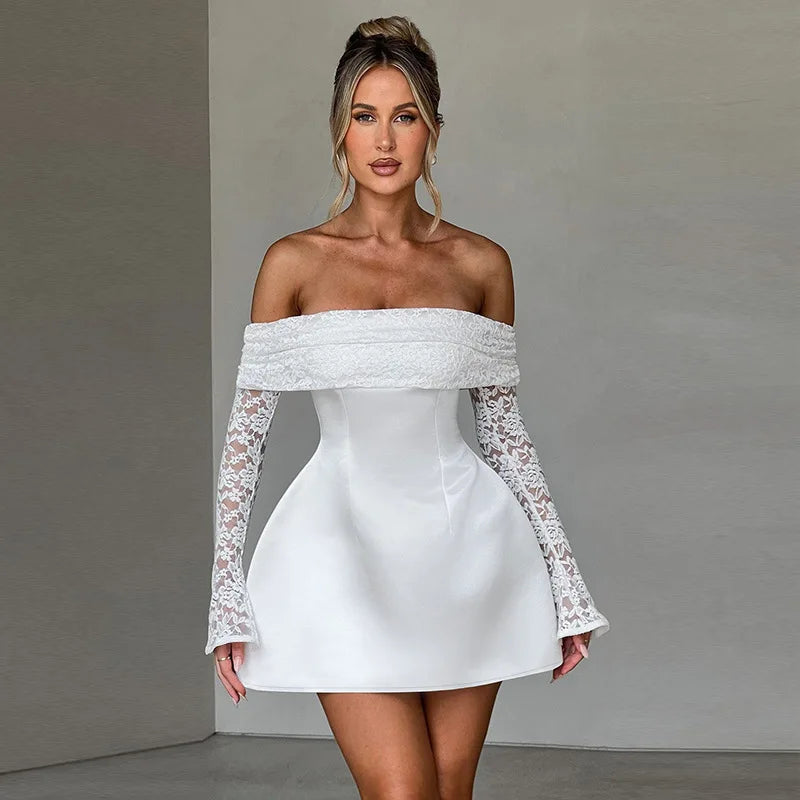 NIDANSSI White Lace Strapless Pleated Evening Party Dress Women Backless Elegant Sexy Dress Bodycon Mini Winter Dress Vestidos