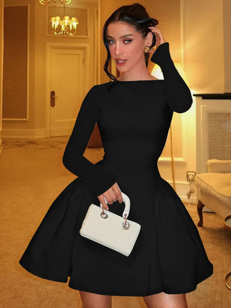 Mozision Elegant Long Sleeve Sexy Mini Dress For Women Solid O Neck High Waist A-line Bodycon Club Party Dress Clubwear New