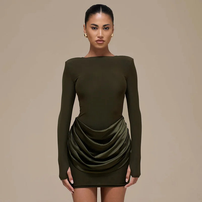 Mozision Long Sleeve Ruched Sexy Mini Dress Women Gown Elegant Satin Patchwork O Neck High Waist Club Party Dresses Fashion