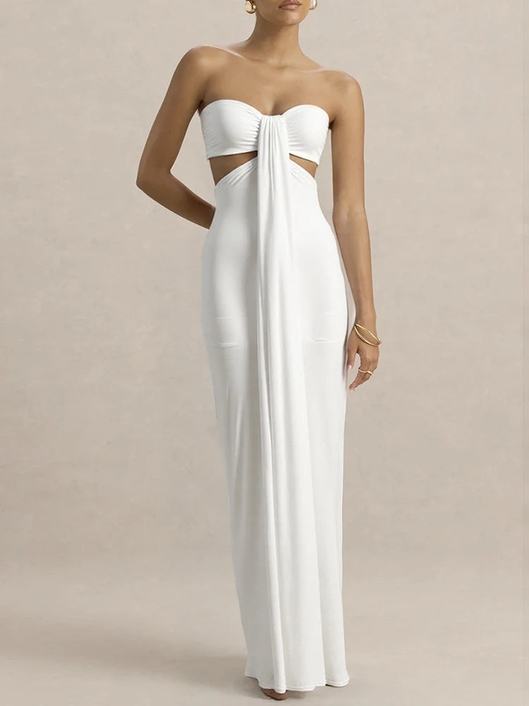 Mozision Off-shoulder Strapless Sexy Maxi Dress Women Elegant White Sleeveless Backless Draped Bodycon Club Party Long Dresses