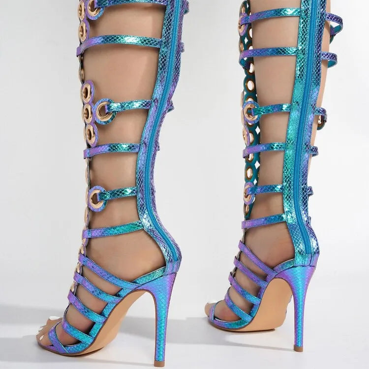 European and American Fashion Metal Big Fish Eye Hollowedout High-heeled Sandals with Exposed Toes, Women's Knee High Cool Boots