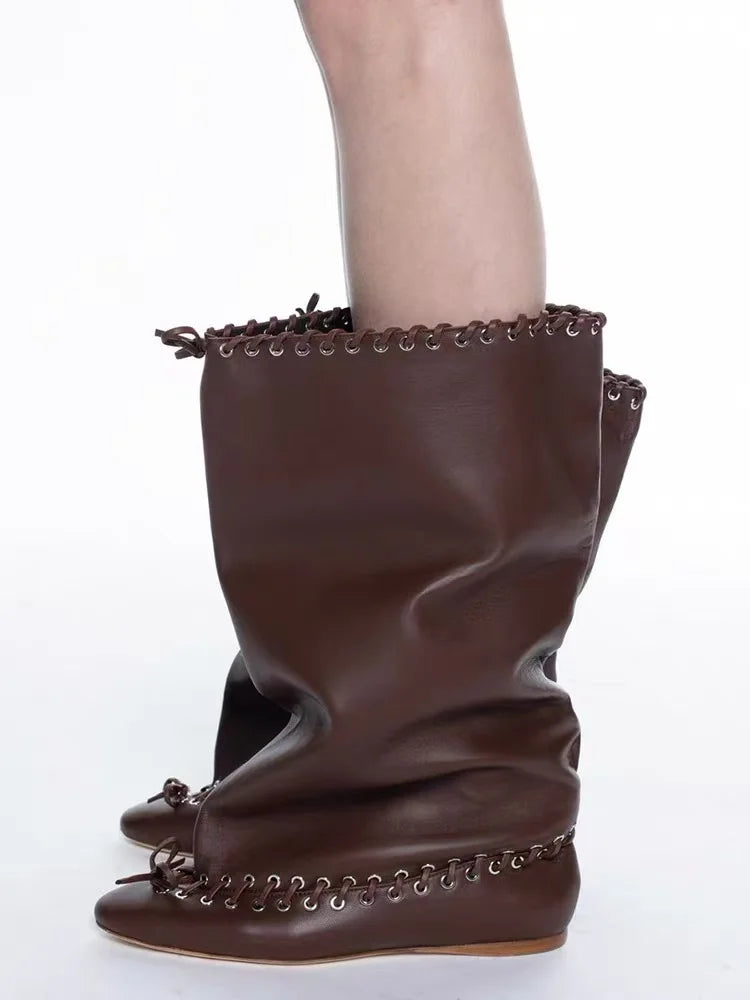 2025 Early Autumn New European and American Fashion Show Niche Fashion Slimming Wide Tube Height Increasing Pleated Pile Boots