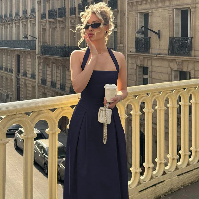 Mozision Halter Backless Sexy Midi Dress Women Fashion Solid Sleeveless High Waist A-line Club Party Pleated Long Dresses Female