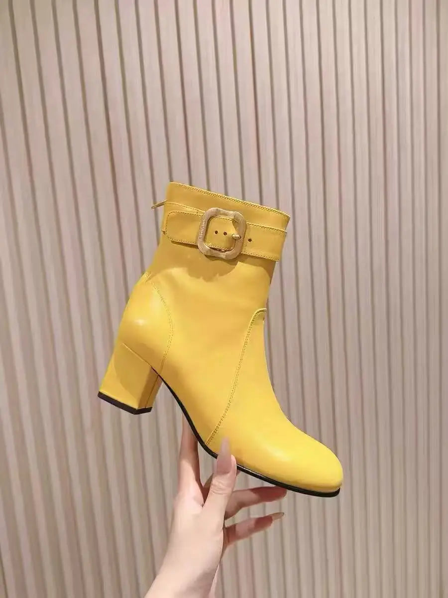 European and American Sexy Hot Girl Belt Buckle Thick High Heels Round Toe Back Zipper Knee Highboots Women's Retro Elasticshoes