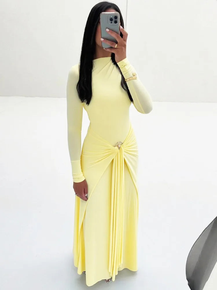 Mozision Elegant Long Sleeve Ruched Sexy Maxi Dress Women Gown Autumn Fashion Draped Bodycon Long Dresses Female Clothing