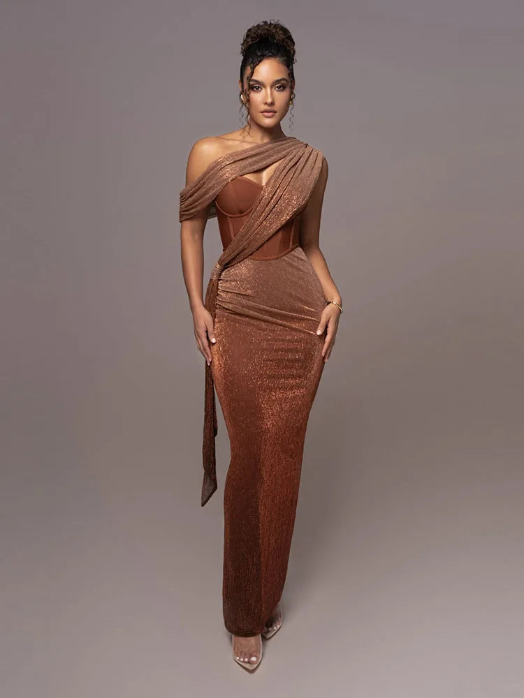 Sexy One Shoulder Draped Glitter Long Dress Women Brown Corset Sparkly Backless Bodycon Maxi Dresses Evening Party Gowns Wofashion.xyz