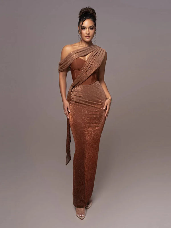 Sexy One Shoulder Draped Glitter Long Dress Women Brown Corset Sparkly Backless Bodycon Maxi Dresses Evening Party Gowns Wofashion.xyz