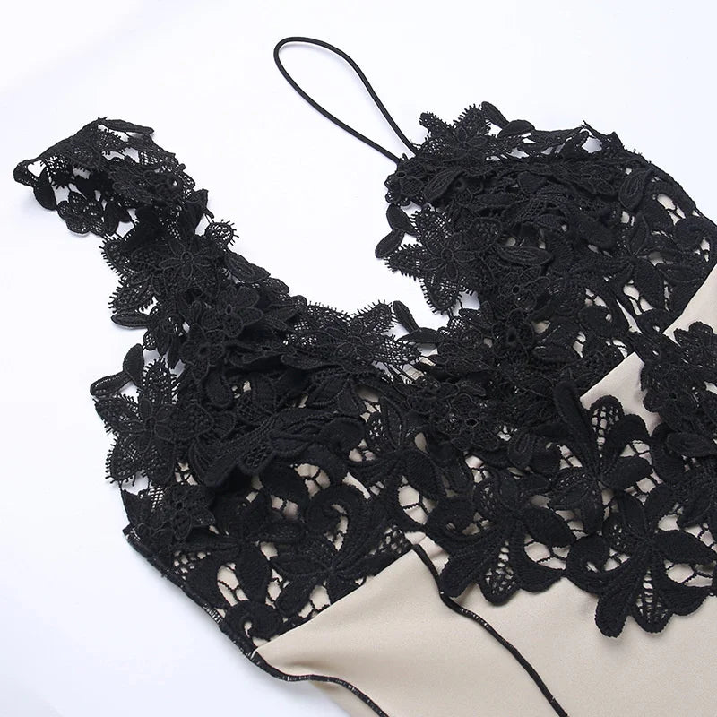 Mozision Lace High Split Sexy Midi Dress For Women Robe 2023 New Spaghetti Strap Sleeveless Deep V Neck Party Long Dress Vestido