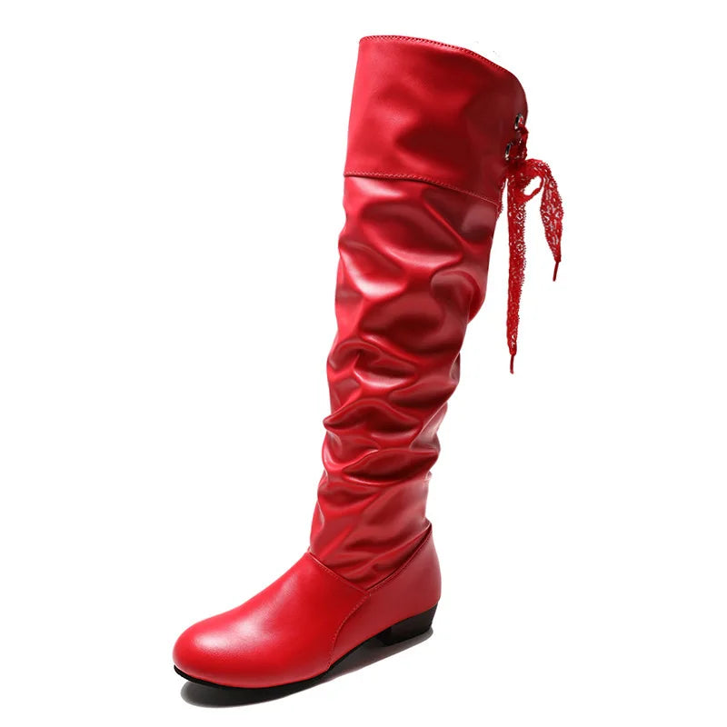 Shoes for Women 2023 Spring Knee High Boots Red Black White Tall Boots Woman Pleated Low Heel Casual Leather Female Long Shoes