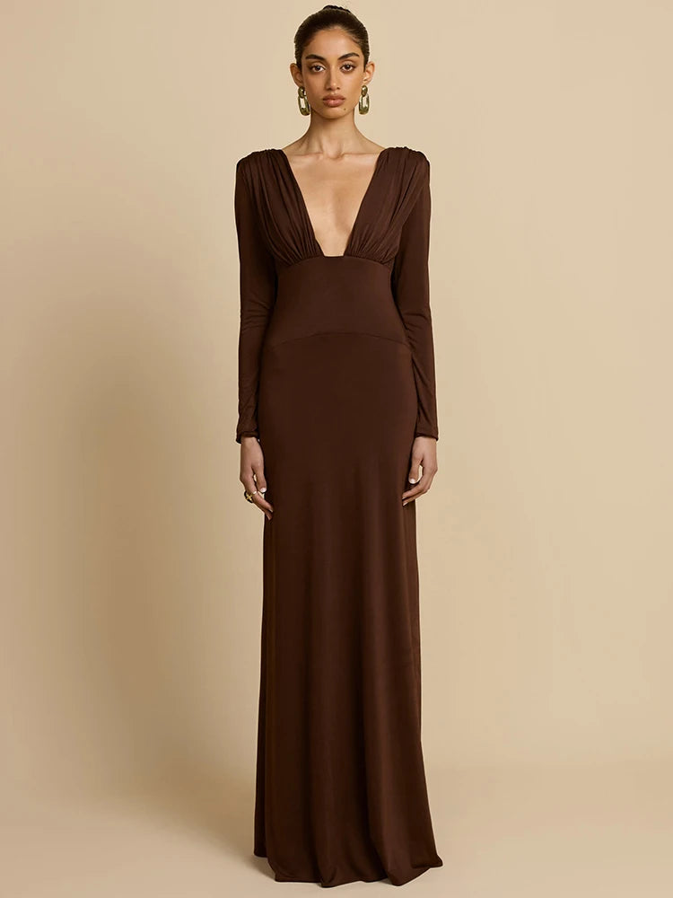 Mozision Elegant Deep V Neck Backless Sexy Maxi Dress For Women Brown Long Sleeve High Waist Ruched Club Party Long Dresses Wofashion.xyz