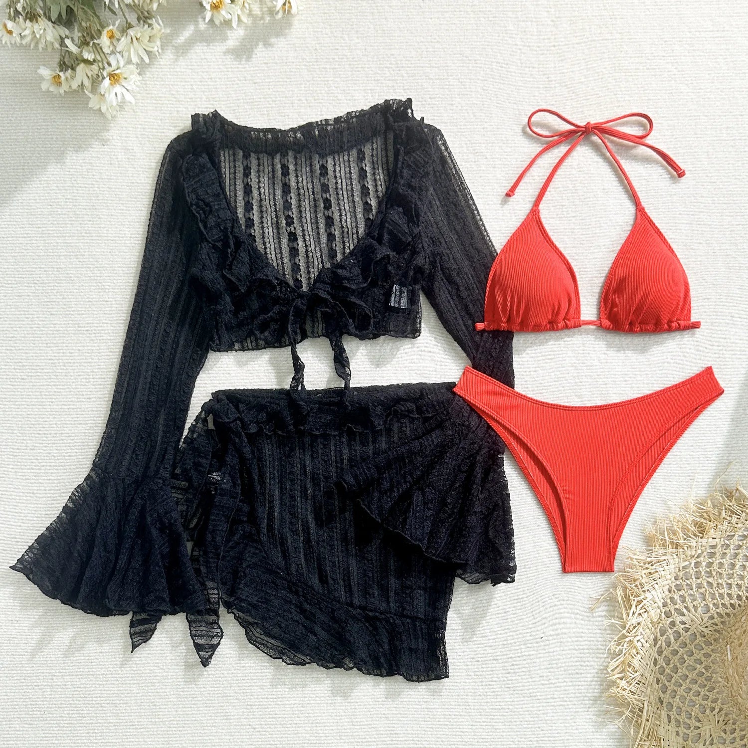 2025 new lace mesh four-piece swimsuit split bikini swimsuit