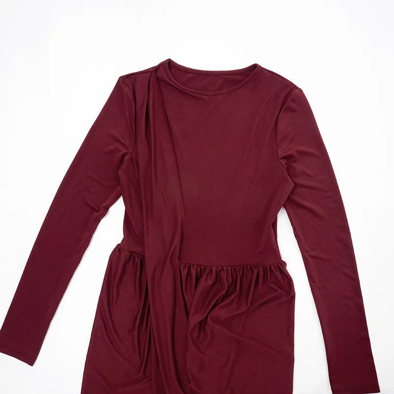 Mozision Long Sleeve Thigh High Split Sexy Maxi Dress Women Gown Elegant O Neck Draped Ruched Bodycon Club Party Long Dresses