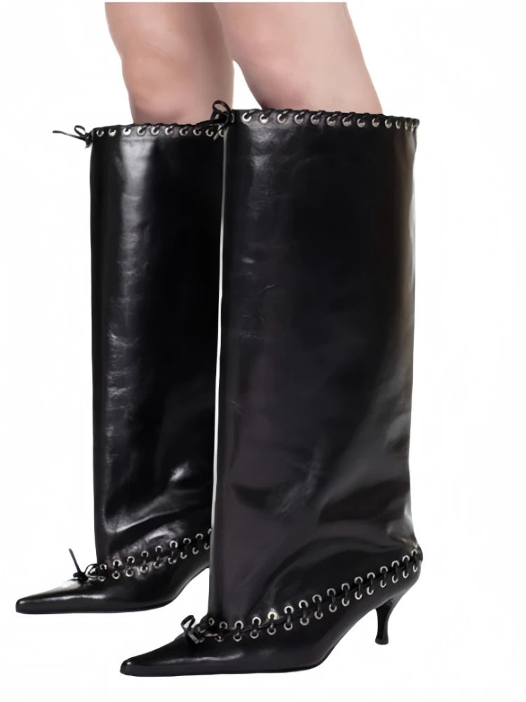 2025 Early Autumn New European and American Fashion Show Niche Fashion Slimming Wide Tube Height Increasing Pleated Pile Boots