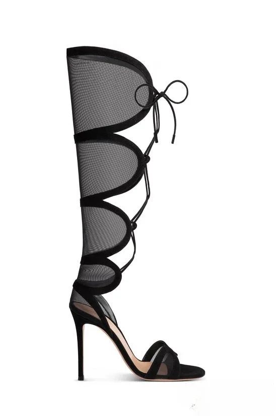 European and American Women's Summer Sexy High-heeled Fashion Week Runway Show Hollow Mesh Cross Strap Banquet Sandals