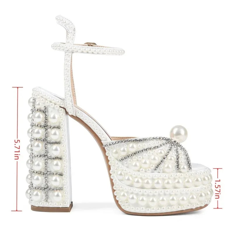 Highqualityhandmaderhinestonerough High-heeledthicksoled Fishmouth Sandalsfrom Europe AndAmerica, Women's Sexy Rivet Party Shoes