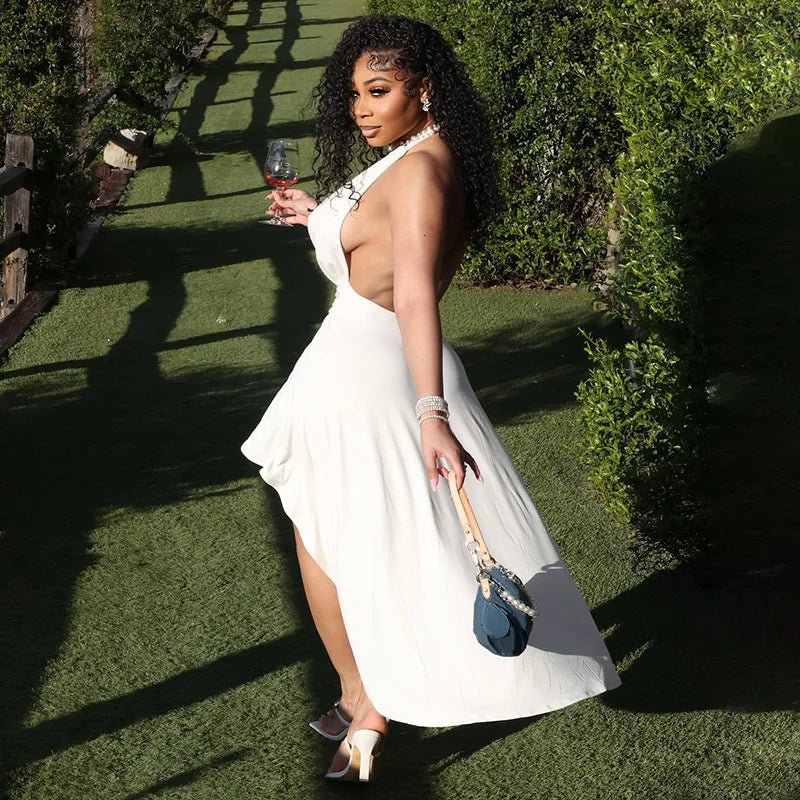 Mozision Deep V-neck Lace-up Sexy Maxi Dress For Women Metal Buckle Off-shoulder Sleeveless Backless Fashion Club Party Dress