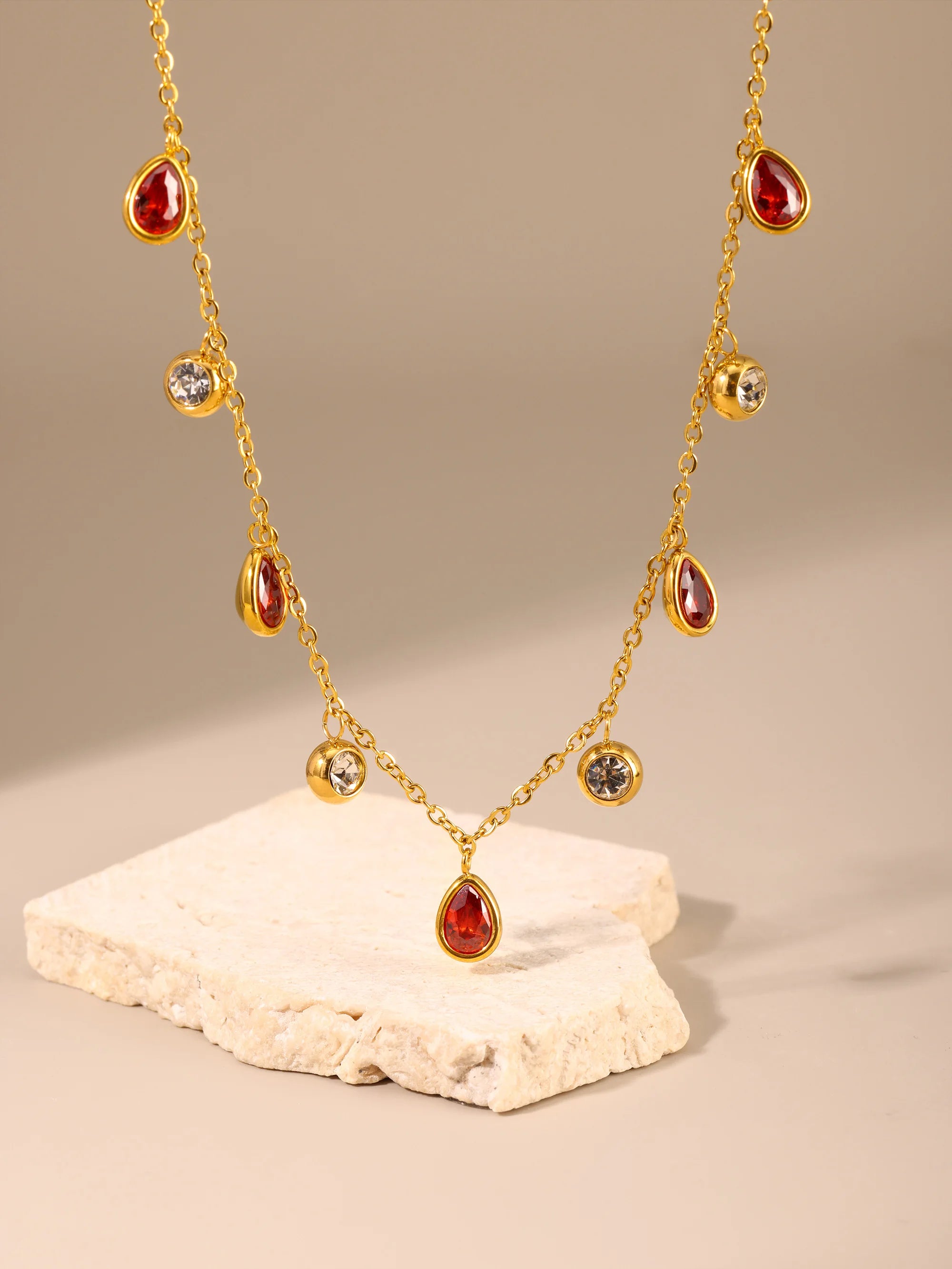 Beautiful Necklace for Women Red Green Zircon Tassel Stainless Steel Waterproof O Chain Gold Plated Charm Jewelry Gift