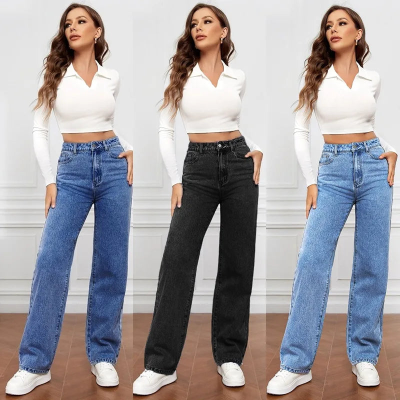 Women Jeans Straight Pants Denim Washing High Waist Loose Fit Pockets Basics Ankle Length Pants Solid Color Slight Strech Wofashion.xyz