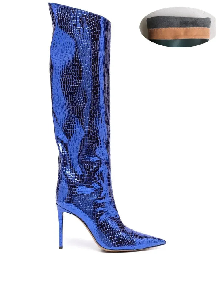 2022 Women's New Stone Print Boots Sexy Runway Stiletto Pointed Toe Women's High Boots 10cm High Heel Side Zip Women's Boots