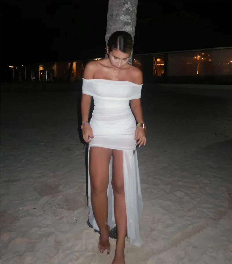 Mozision Mesh Off-shoulder Backless Sexy Maxi Dress For Women Fashion Strapless Sleeveless Split Ruched Bodycon Club Party Dress