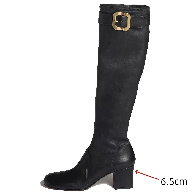 European and American Sexy Hot Girl Belt Buckle Thick High Heels Round Toe Back Zipper Knee Highboots Women's Retro Elasticshoes