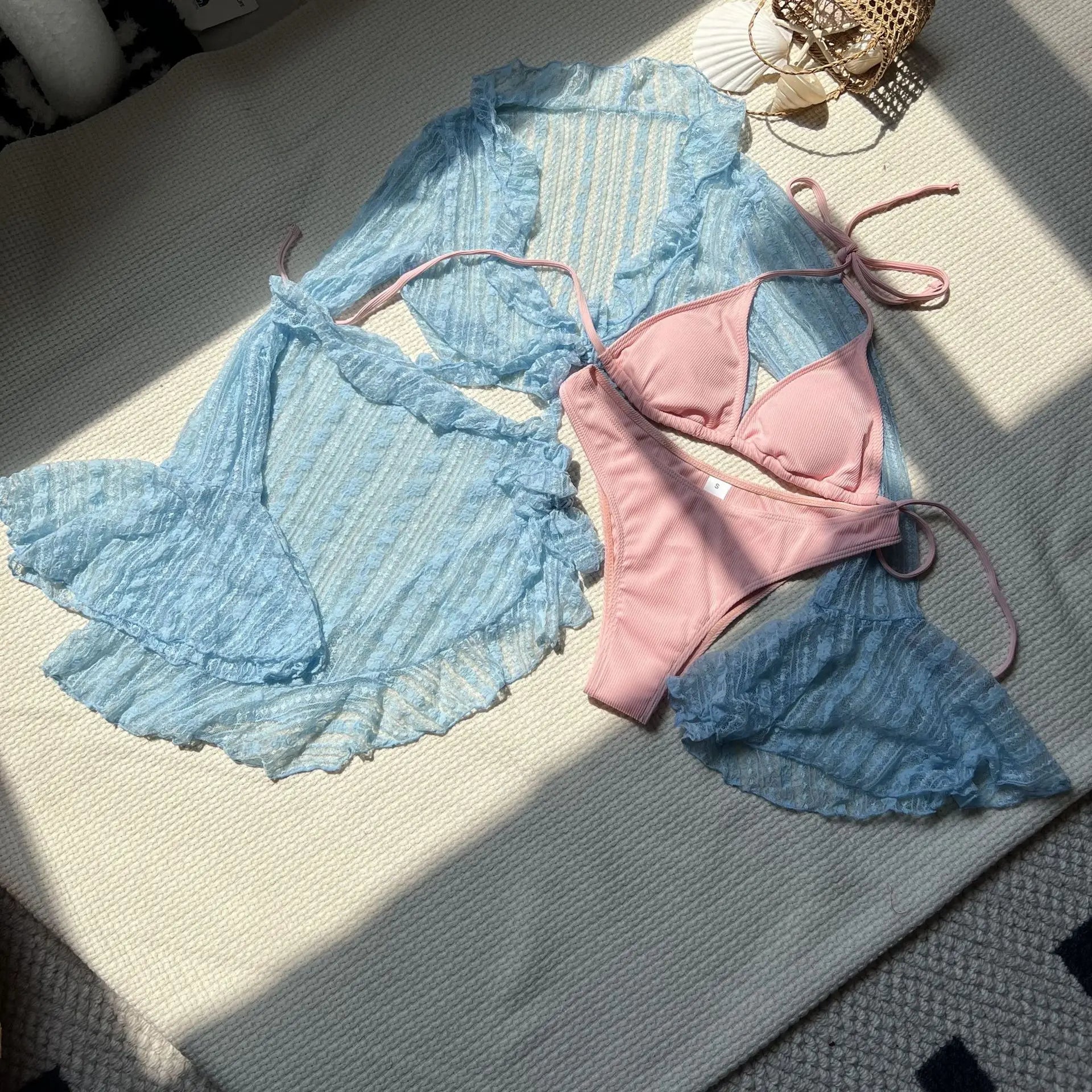 2025 new lace mesh four-piece swimsuit split bikini swimsuit