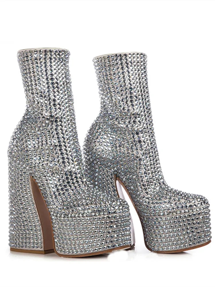 Women's European and American Fashion Super High Heel Short Boots Silver All Water Diamond Decoration Chelsea Short Boots