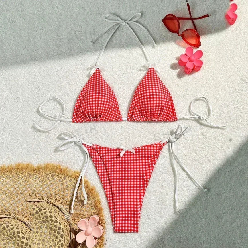 Red Plaid String Halter thong Micro Bikini for Women Mini Swimwear Lace-up Sexy Swimsuit Bathing Suit Triangle Bikinis Sets 2025 Wofashion.xyz