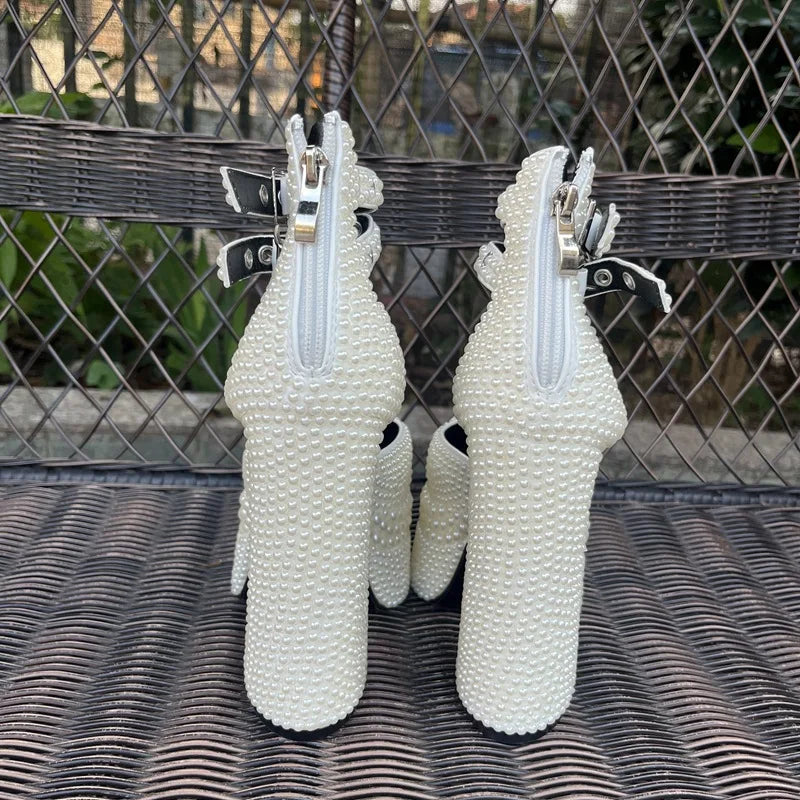 2024 Handmade Beaded 14cm Thick Heel Pointed Sandals 35-41 High Heel Waterproof Platform Woman Shoes Wedding Dress Luxury Pearl