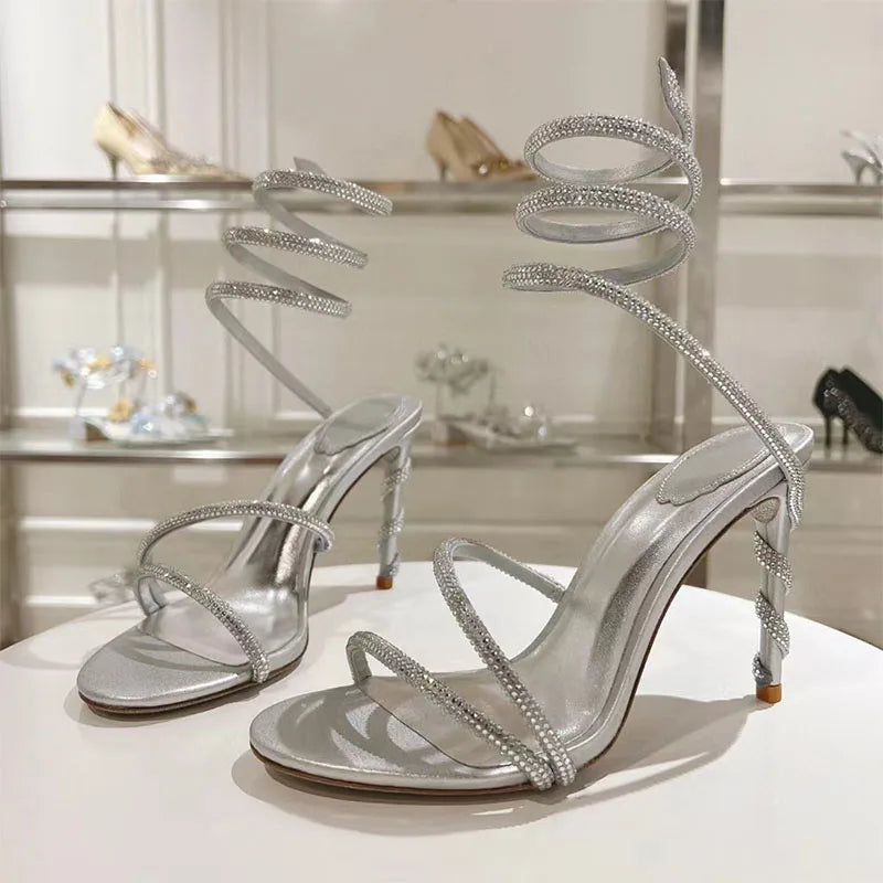 Luxury High Heels Sandals Woman Rhinestone Snake Twine Around Ankle Strap Wedding Shoes Stiletto Summer Gladiator Sandals Women